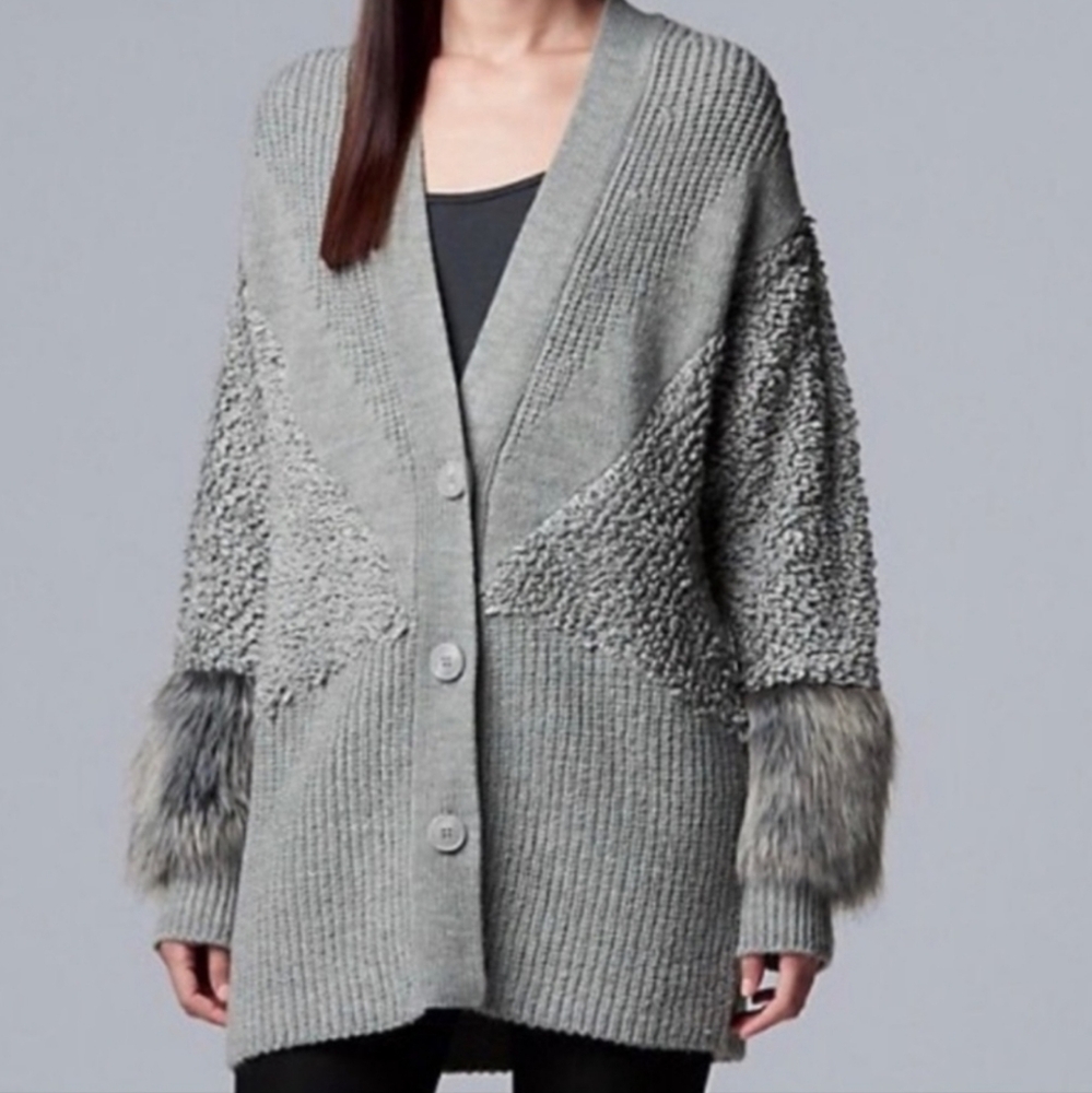Simply Vera Vera Wang Gray Faux Fur Sweater Cardigan S/M